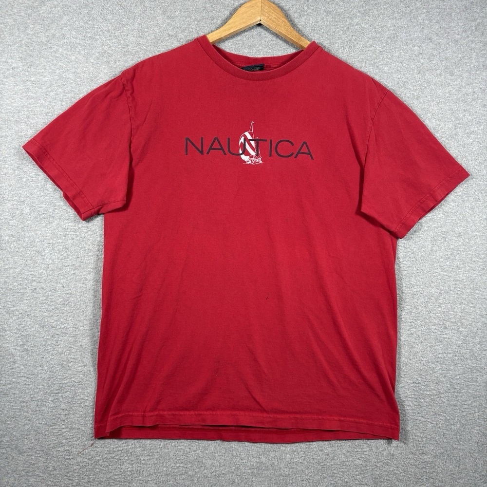 Vintage 90s Nautica Sailboat Graphic T Shirt Mens L Red Made In Canada Sailing